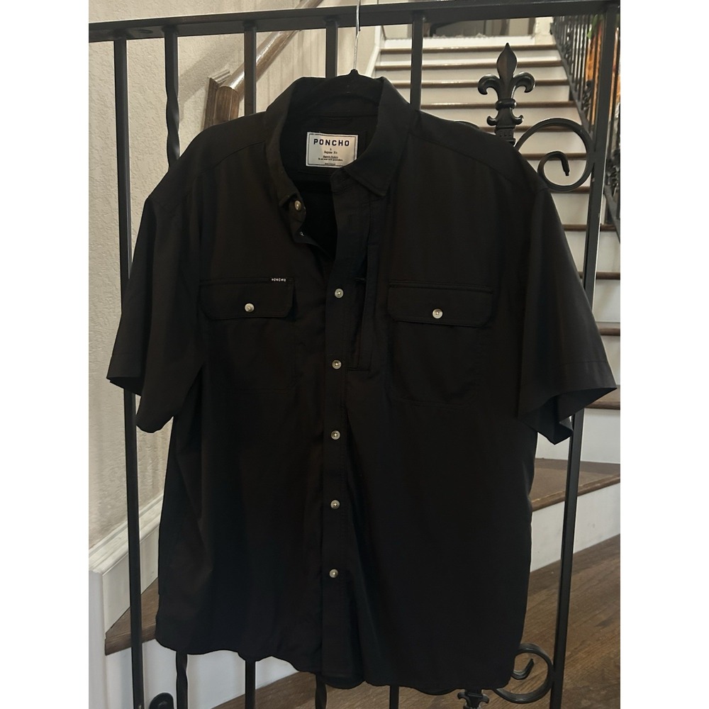 Men's Large Poncho Regular Fit Button Up Shirt Short Sleeve Black